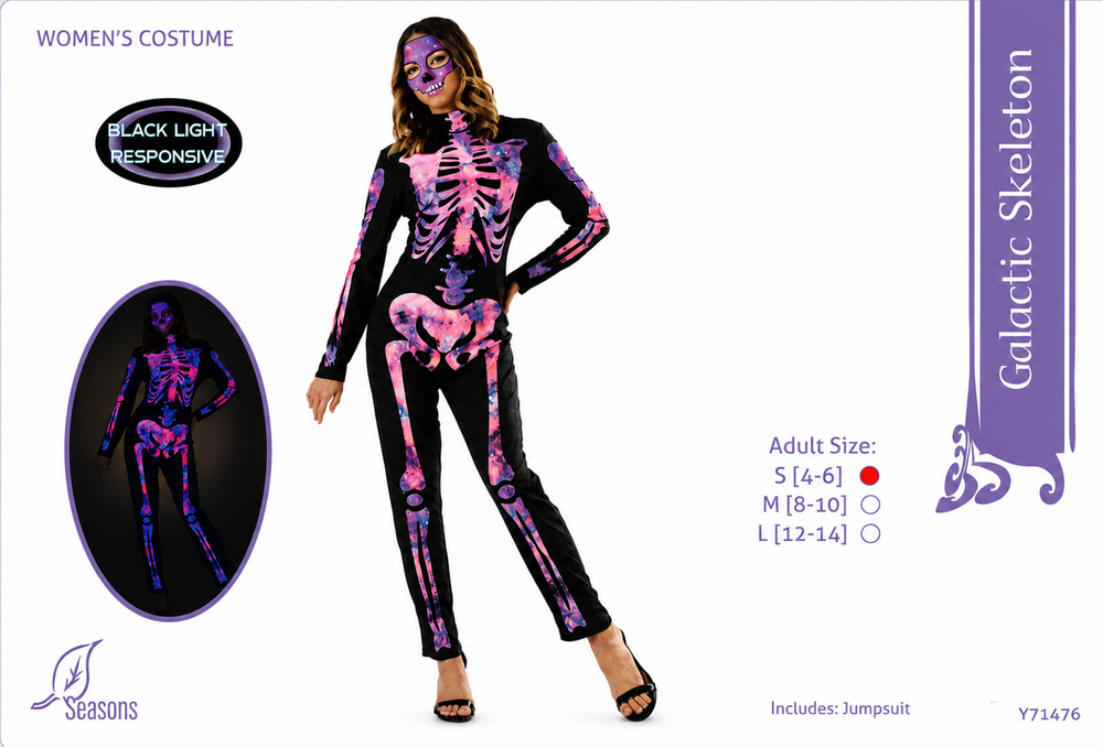 Galactic Skeleton Costume Jumpsuit Women's Small 4/6 Black Light Halloween New